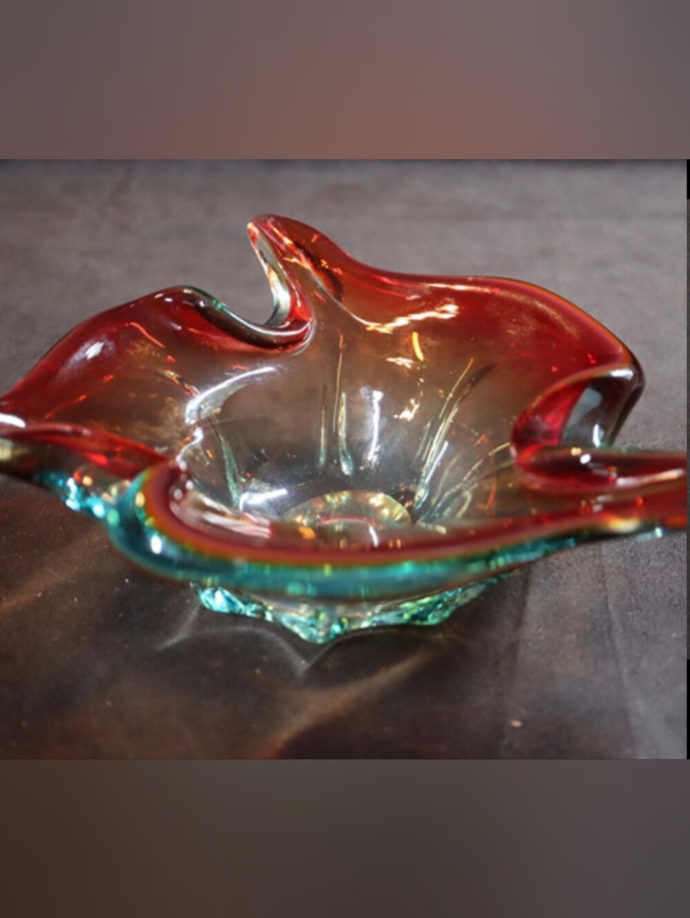 Vintage Unique Style Murano Glass Bowl-Dish Vivid Red, Teal & Blue Colors